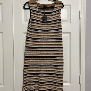 Massimo Dutti Black and Tan Striped woven Midi Dress Sz M NWT
